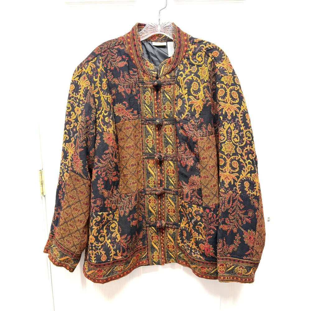 White Stag Blazer Tapestry Jacket Size XL Paisley Patchwork Frog Boho Eclectic